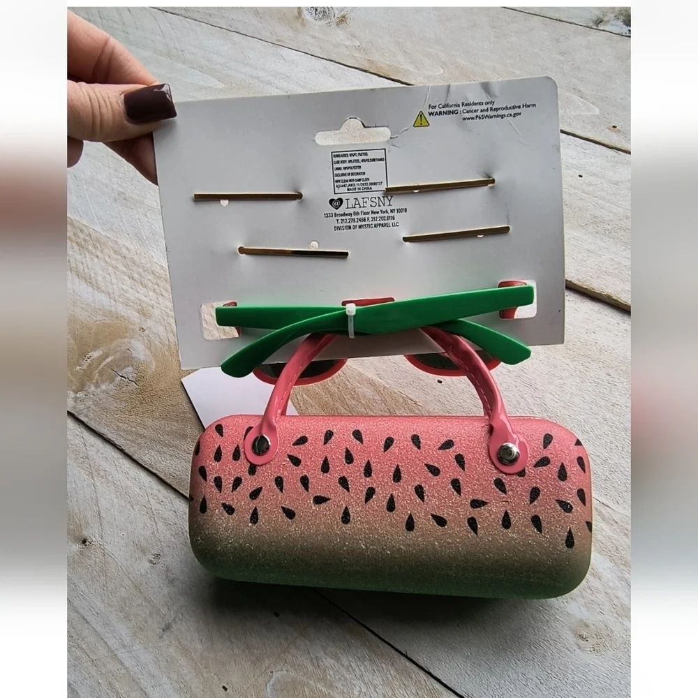Kids Girls Watermelon Pink Sunglasses and Carrying Case With Hair Clip Set New!